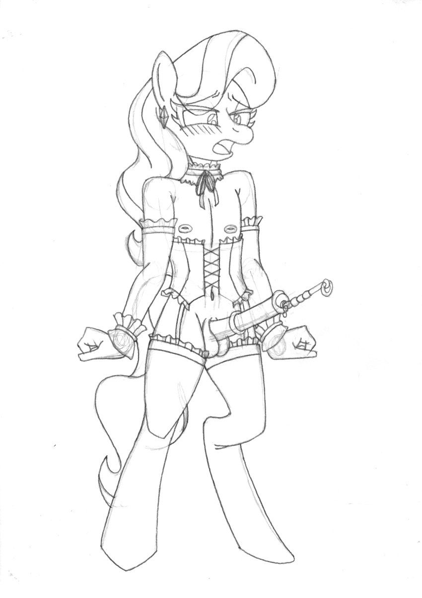 aged_up blush choker corset diamond_tiara_(mlp) earrings equine equine_penis femboy garter_belt girly lingerie male_only male_urethral_insertion my_little_pony nipples precum rule_63 semi-anthro sketch stockings text urethral_insertion