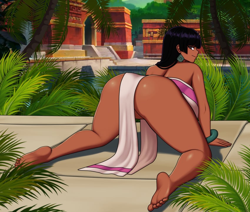 1girls ass black_hair breasts chel chel_(the_road_to_el_dorado) dark-skinned_female dark_skin dreamworks feet female female_only looking_back mk001black soles solo the_road_to_el_dorado