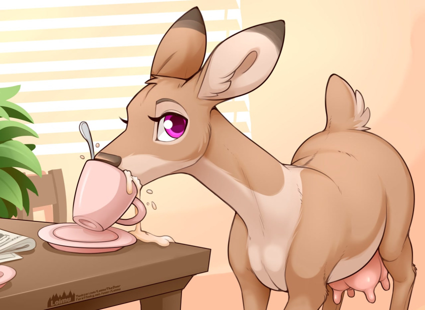 1girls 2021 brown_fur cervid coffee coffee_mug cute deer deer_ears deer_tail drinking female female_only feral feral_only furry iced_latte_with_breast_milk loimu loimu_(character) looking_at_viewer no_humans original purple_eyes signature teats udders