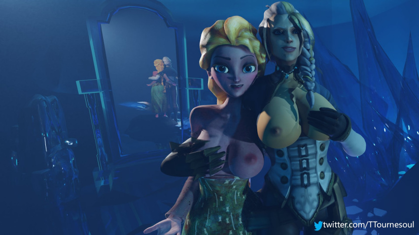 2girls 3d big_breasts blizzard_entertainment blonde_hair blue_eyes breast_grab elsa_(frozen) frozen_(film) groping human human_(world_of_warcraft) jaina_proudmoore light-skinned_female light_skin original_character ttournesoul warcraft white_hair world_of_warcraft