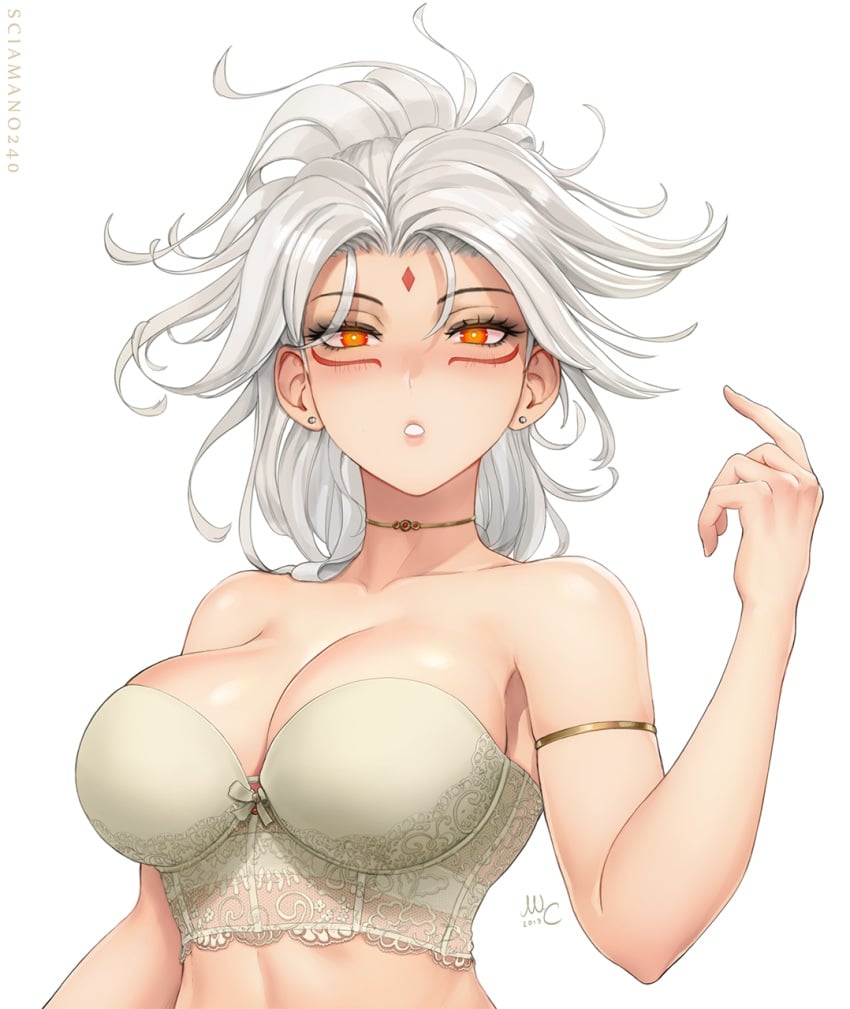 1girls anime_style bianca_(sciamano240) blush blushing_at_viewer face_marks female female_only light-skinned_female light_skin lingerie lingerie_bra lingerie_only long_hair looking_at_viewer mirco_cabbia oc original original_character red_eyes sciamano240 solo solo_female white_bra white_hair white_underwear