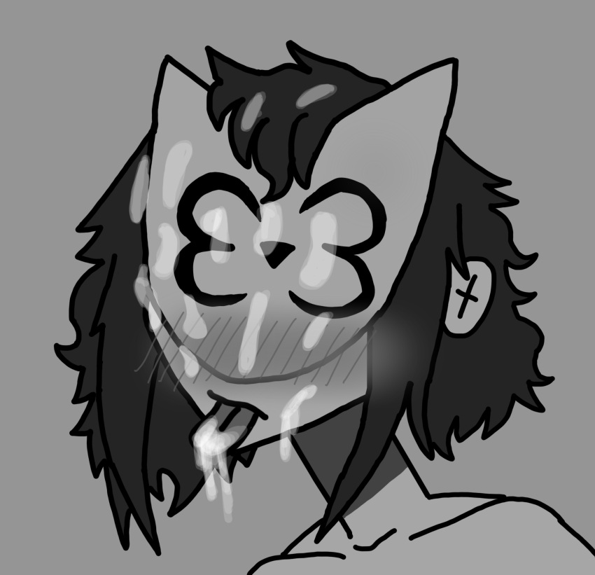 black_hair blush cum_in_mouth cum_on_face gorillaz grayscale horny_female lots_of_cum mask noodle_(gorillaz) noodle_(plastic_beach) short_hair tongue_out