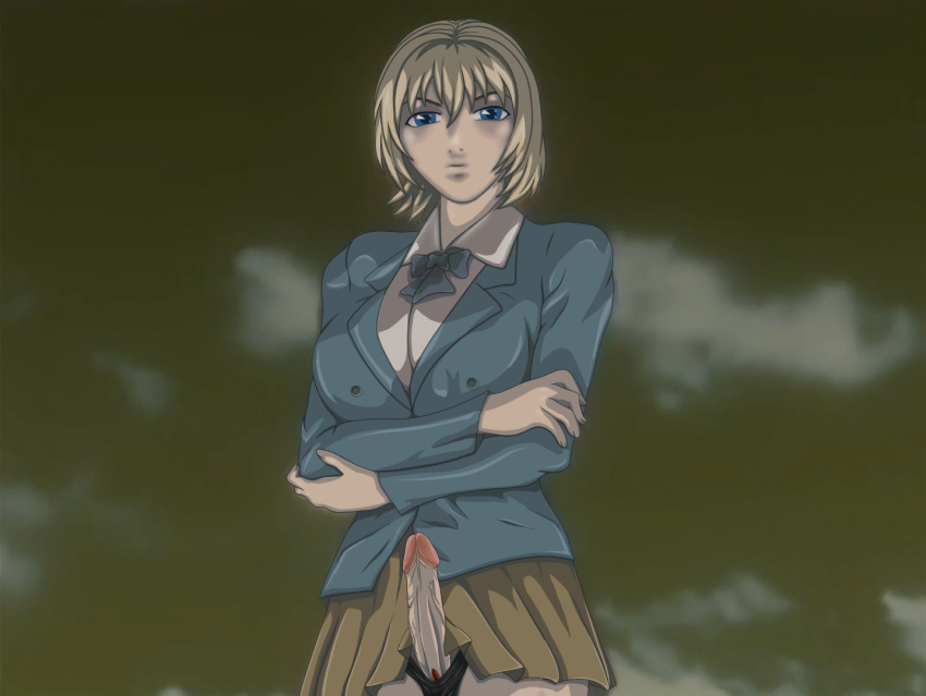 1futa bible_black big_breasts blonde_hair breasts clothed clothing crossed_arms erection futa_only futanari green_eyes human jody_crowley large_breasts light-skinned_futanari light_skin mostly_clothed penis school_uniform shadow shin_bible_black short_hair solo standing