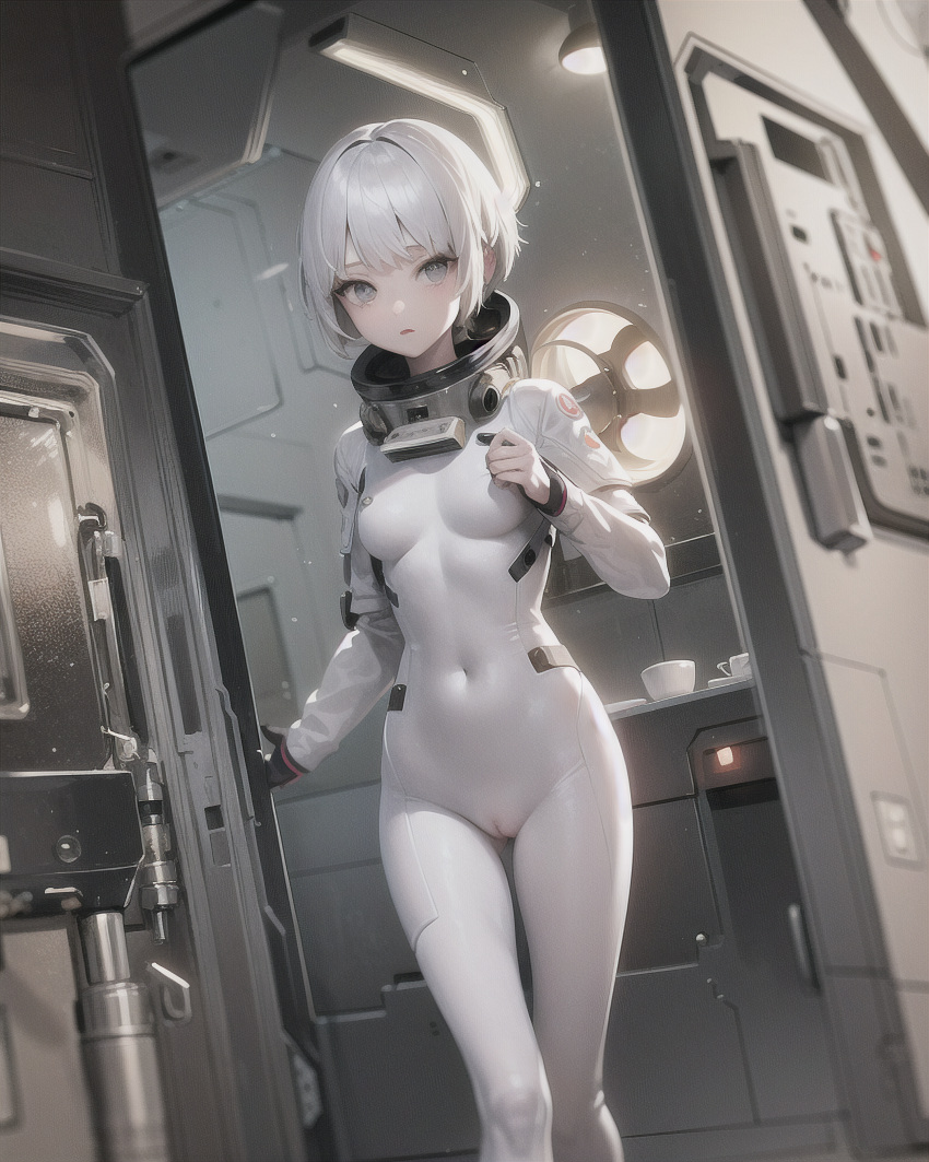 1girls ai_generated cameltoe female female_only looking_at_viewer mosfgame short_hair solo solo_female spacecraft spaceship spaceship_interior spacesuit standing technology white_hair