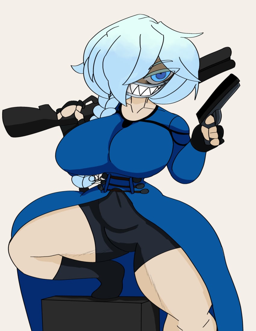 1girls belly_button belt big_belly blue_eyes blue_hair bodysuit boots cdk cloak commission digital_media_(artwork) felar17 female fully_clothed gradient_hair gun muscular shadow_(felar17) sharp_teeth shotgun smile thick_thighs thin_neck thin_waist tight_clothing watermark