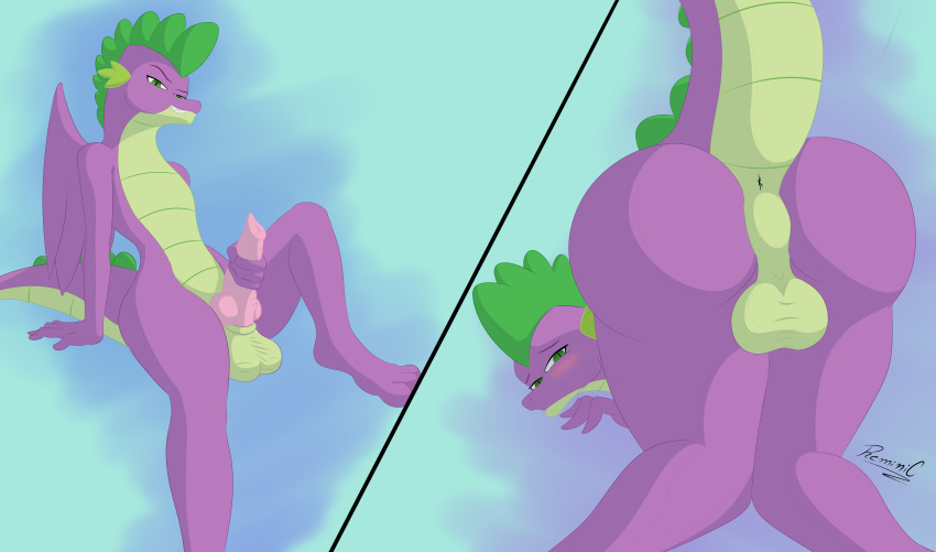 2021 absurd_res aged_up anthro anus ass backsack balls blush digital_drawing_(artwork) digital_media_(artwork) dragon dragon_tail dragon_wings friendship_is_magic genitals green_body green_scales hasbro hi_res looking_at_viewer male multicolored_body multiple_images my_little_pony nude penis penis_grab purple_body raised_tail reminic scales shy signature simple_background smile smooth_skin solo spike_(mlp) submissive submissive_male tail two_tone_body wings