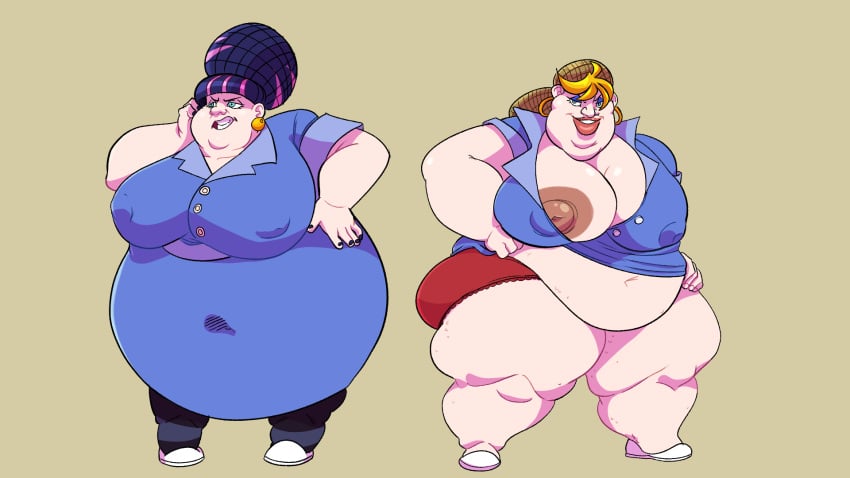 2020s 2021 2girls aged_up bbw beige_background big_breasts big_nipples black_nail_polish black_nails blonde_hair blue_eyes blue_hair cleavage collared_shirt digital_media_(artwork) double_chin earrings erect_nipples eyeshadow fat fat_legs fat_woman female_focus female_only hair_net hairbun hi_res high_resolution highlights highres human_only inks-kinks jeans large_breasts large_nipples looking_at_viewer massive_butt milf milfification morbidly_obese morbidly_obese_female multiple_girls nail_polish navel nipple_slip no_bra not_furry not_furry_focus obese obese_female panty_&_stocking_with_garterbelt panty_anarchy png post_transformation red_panties red_underwear school_uniform snarling ssbbw stocking_anarchy tan_background uglification ugly ugly_female ugly_woman uniform wardrobe_malfunction weight_gain