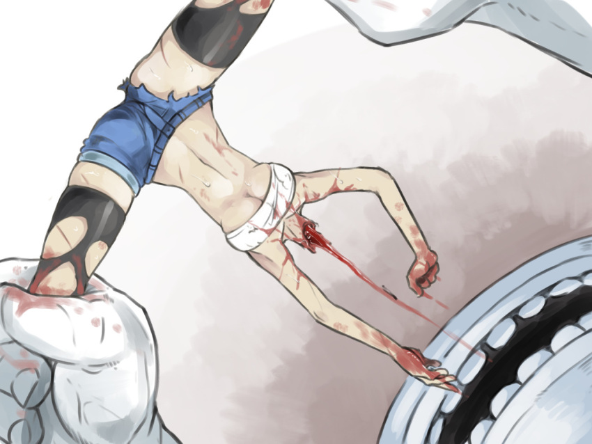 amasaki_ryouko blue_hair decapitation eaten_alive gore guro jean_shorts ripped_clothing