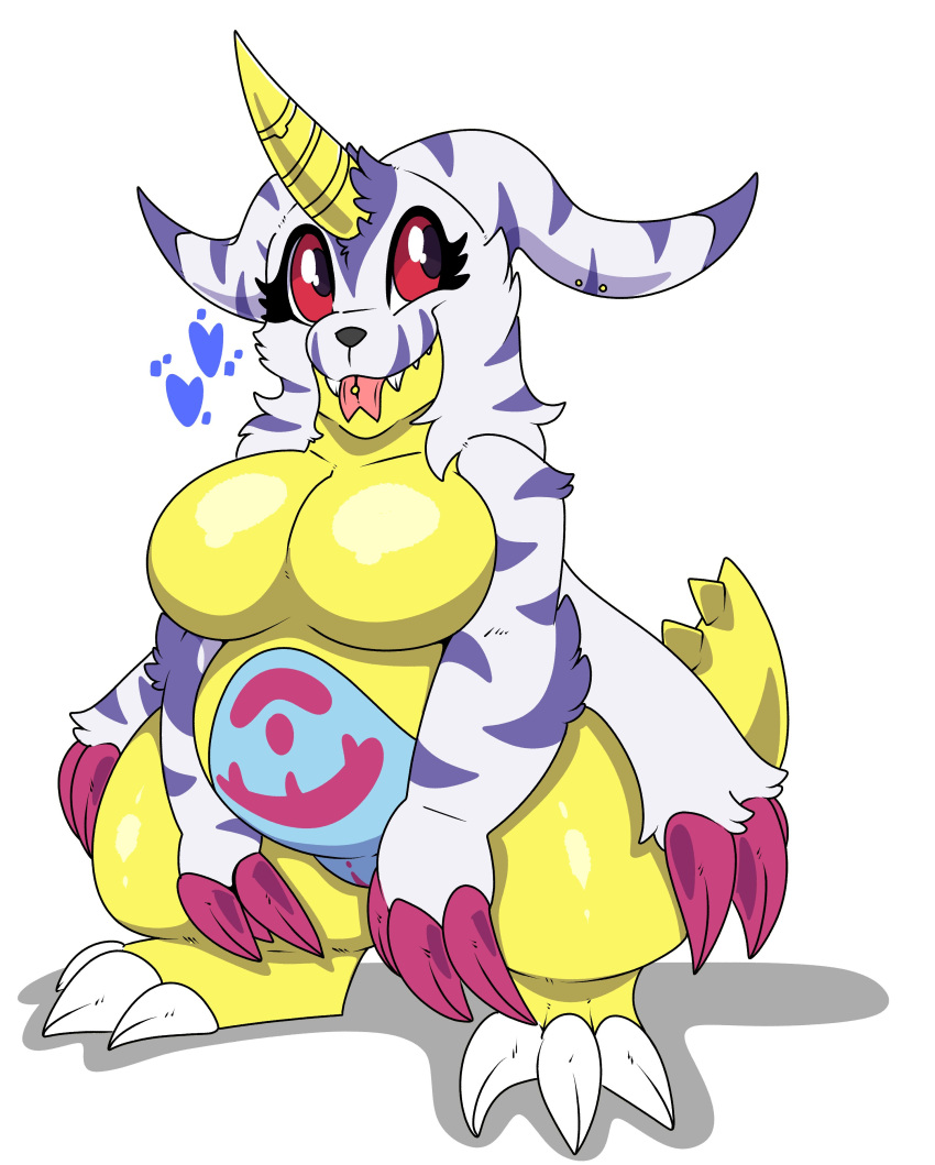 absurd_res anthro bandai_namco breasts chubby chubby_anthro chubby_belly chubby_female claws digimon digimon_(species) featureless_breasts female fur gabumon genitals hi_res horn kingbeast nude pussy simple_background solo tongue white_background yellow_body