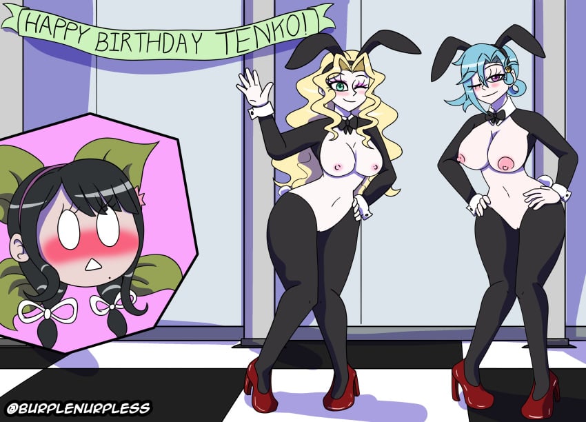 1futa 2girls abs aqua_eyes areolae beauty_mark birthday black_eyes black_hair blonde_hair blue_hair bowtie breasts bunny_ears bunny_girl bunny_tail bunnysuit burplenurpless chabashira_tenko chiebukuro_setsuka clothed clothing comic cuffs_(clothing) danganronpa danganronpa_another danganronpa_v3 duo_focus english_text eyeshadow fanganronpa female female_focus futanari green_eyes hair_ornament heels human large_breasts light-skinned_female light_skin long_hair magorobi_emma makeup medium_breasts medium_hair mostly_nude muscular_female nipples one_eye_closed purple_eyes pussy reverse_bunnysuit sdra2 short_hair small_nipples standing straight_hair super_danganronpa_another_2 text threesome watermark wavy_hair wink