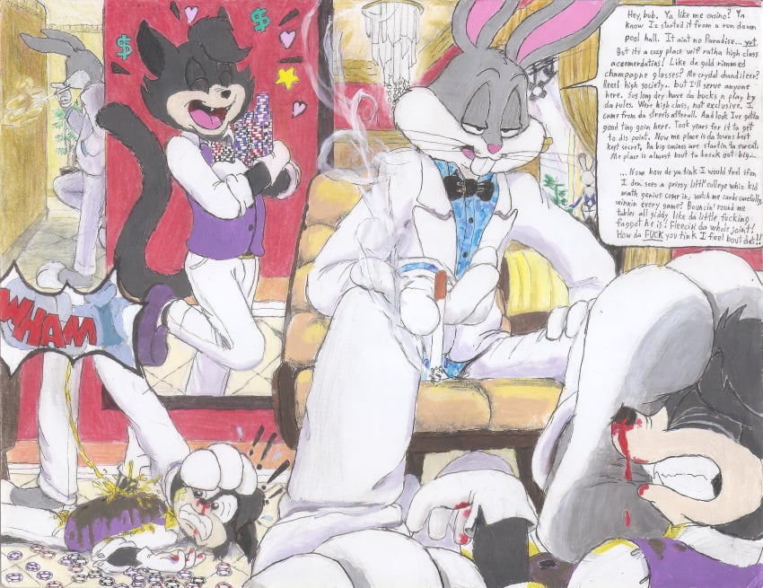 absurd_res anthro background_character ballbusting black_tie_(suit) blood bodily_fluids bugs-bunny_(artist) bugs_bunny bullying casino cigarette clothing cock_and_ball_torture disney domestic_cat dominant dominant_male duo felid feline felis foot_fetish foot_on_face gambling gangster genital_fluids genital_torture gloves handwear hi_res insult judy_hopps lagomorph leporid looney_tunes male mammal nosebleed peeing punch punishment rabbit speech_bubble stage_show standing_over submissive submissive_male suit toony traditional_media_(artwork) urine warner_brothers watersports zootopia