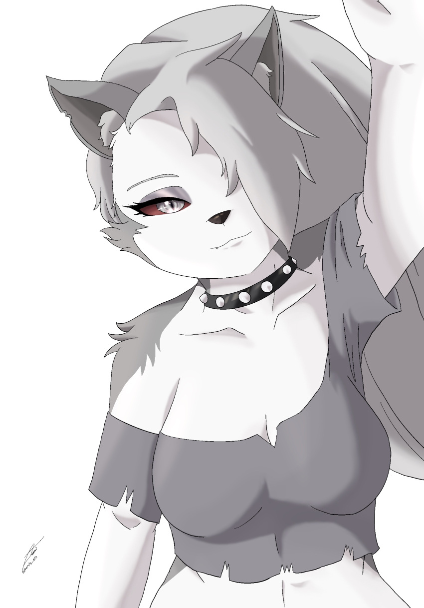 alternate_version_available anthro artist_signature big_breasts breasts cleavage crop_top gray_hair hair_over_one_eye helluva_boss hourglass_figure long_gray_hair long_hair looking_at_viewer loona_(helluva_boss) prismdogartz red_sclera self_upload silver_eyes spiked_collar wolf wolf_ears wolf_girl