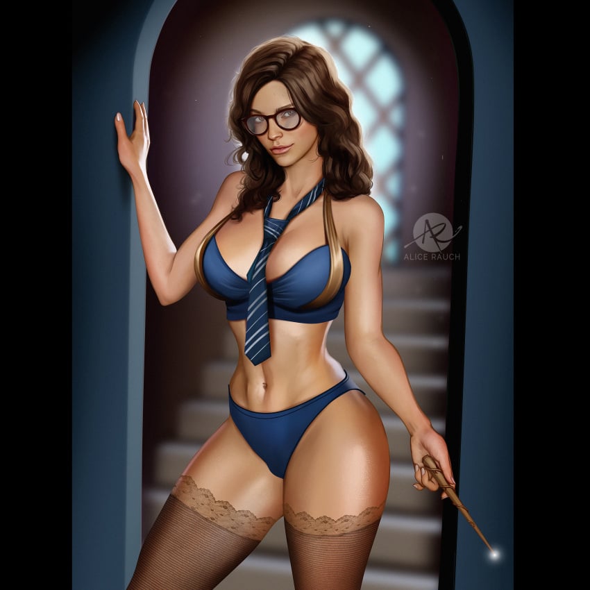 1girls alice_rauch alternate_breast_size blue_bra blue_clothing blue_panties brown_eyes brown_hair doorway eyewear female female_focus female_only glasses harry_potter hermione_granger hogwarts hogwarts_student hourglass_figure long_hair necktie neckwear nerdy_female panties ravenclaw ravenclaw_tie schoolgirl smooth_skin solo solo_female solo_focus stockings thick_thighs thighhighs tied_hair underwear wand wide_hips witch