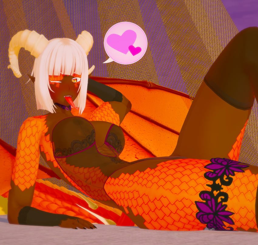 bob_cut brown_skin dragon_girl dragon_wings fangs flirtatious garter_belt horns koikatsu laying_on_bed lingerie lingerie_only long_tongue looking_at_viewer orange_eyes scales stockings transparent_clothing white_hair wink