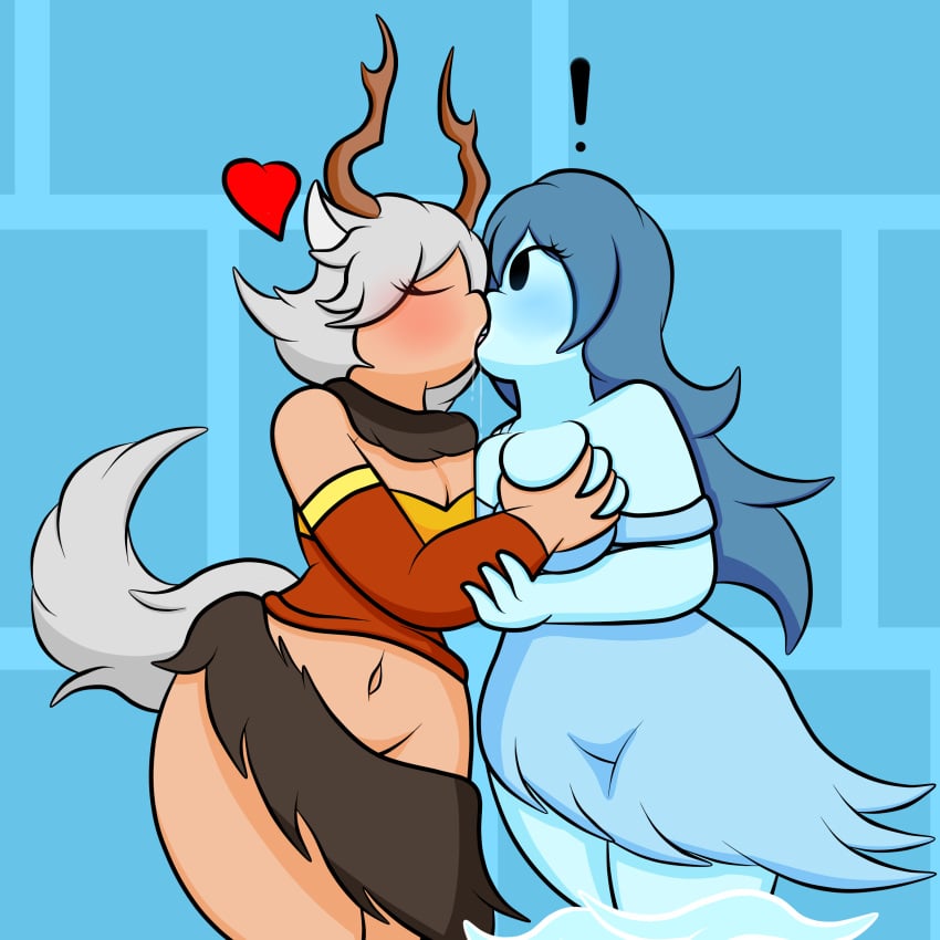 2girls anthro antlers blue_hair breast_squeeze breasts closed_eyes clothed clothed_female clothing female female_only ghost ghost_girl god_bless_rule34_comments grabbing_breasts gray_hair kissing lesbian_kiss mob_face saliva_trail spooky's_house_of_jump_scares spooky's_jump_scare_mansion spooky_(shojs) surprised tail tirsiak wolf_tail yuri yurii_(artist)\r\nthere_are_black_children_in_my_basement