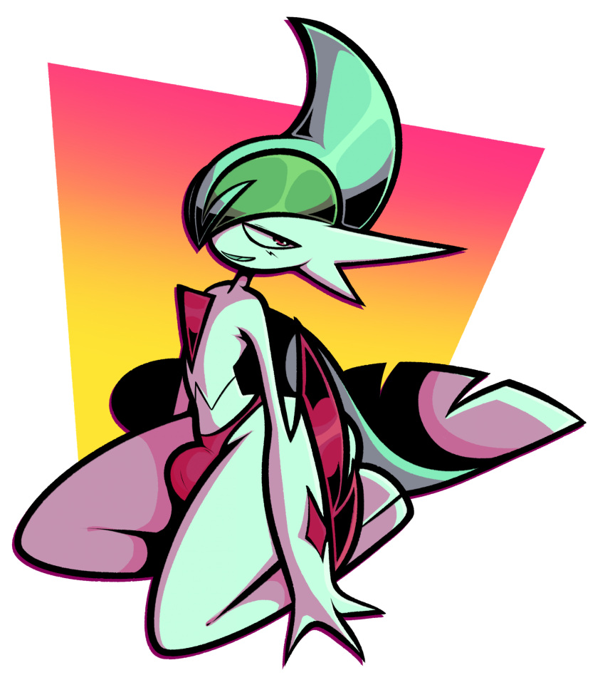 2020s 2023 3_fingers alpha_channel anthro big_bulge blade_arm bulge cape chest_spike clothing facial_spikes fingers gallade gradient_background green_hair green_mouth hair half-closed_eyes hi_res humanoid kneeling looking_at_viewer male mega_evolution mega_gallade narrowed_eyes nintendo open_mouth pokémon_(species) pokemon pokemon_(species) pseudo_clothing pseudo_hair red_background red_clothing red_eyes red_underwear simple_background solo spikes spikes_(anatomy) tooni-pi transparent_background underwear white_body white_skin yellow_background