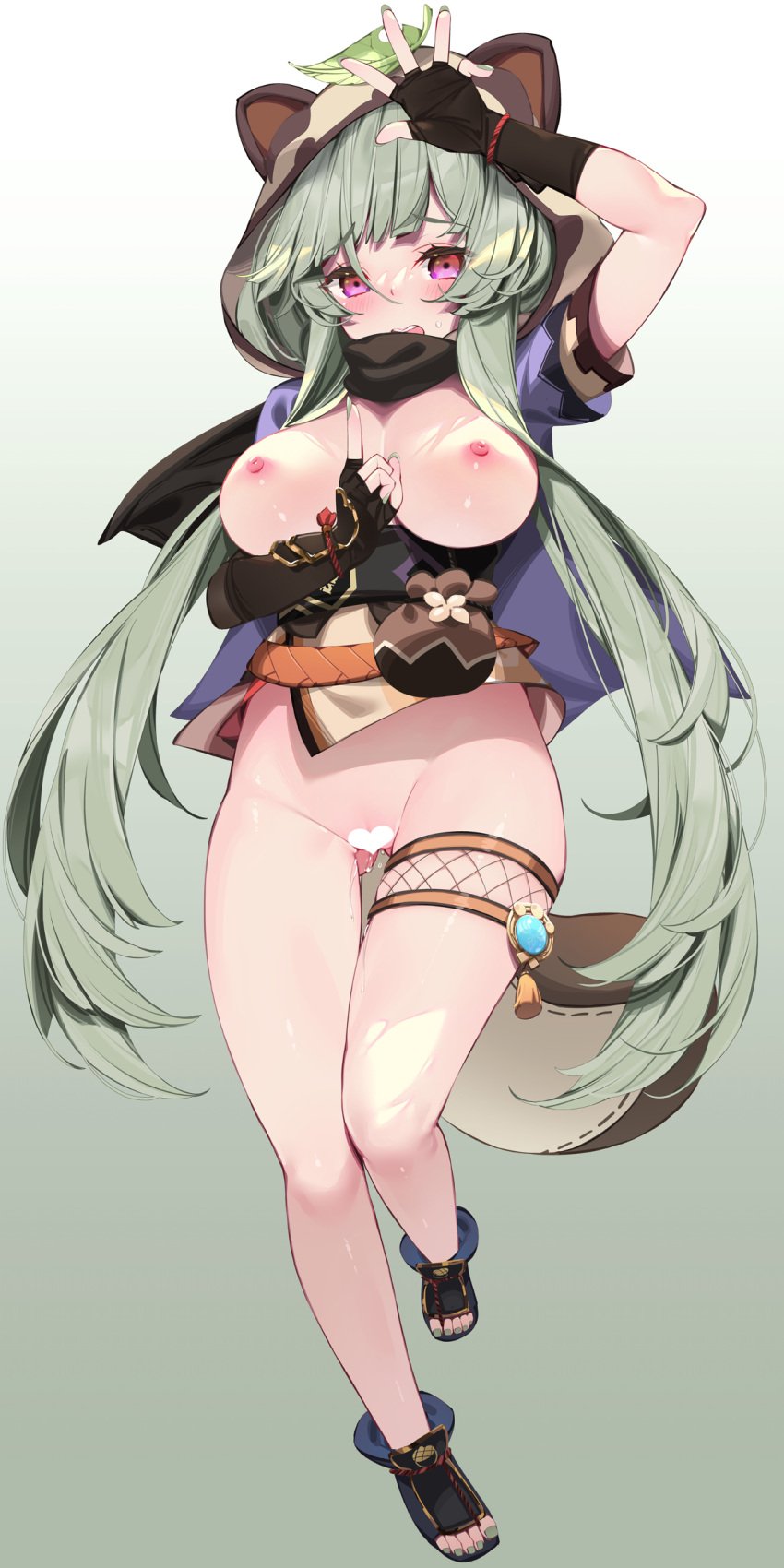 absurdres aged_up animal_ears animal_hood bangs blunt_bangs blush breasts censored fake_animal_ears female genshin_impact gloves has_uncensored_version heart heart_censor highres hood horny japanese_clothes leaf leaf_on_head looking_at_viewer navel nipples open_mouth pussy raccoon_ears sayu_(genshin_impact) short_hair short_hair_with_long_locks sidelocks solo waterring