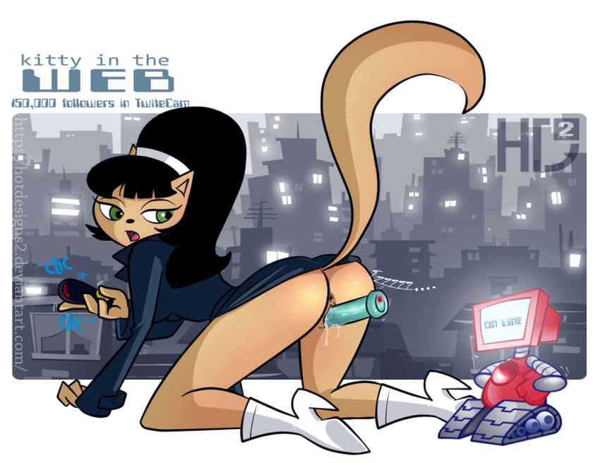 all_fours ambiguous_gender anthro ass cat female holding_object hotdesigns2 kitty_katswell looking_back masturbation robot t.u.f.f._puppy tagme