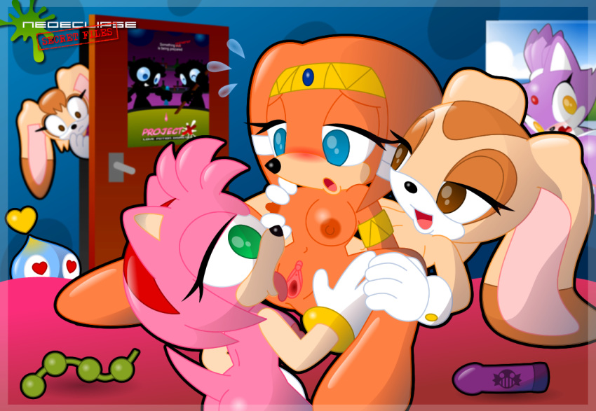 amy_rose anthro breasts chao_(sonic) cheese_the_chao cream_the_rabbit cunnilingus echidna female fur hedgehog indoors interspecies mammal monotreme multiple_females multiple_girls neoeclipse oral pink_fur pussy rabbit sonic_(series) tikal_the_echidna vanilla_the_rabbit