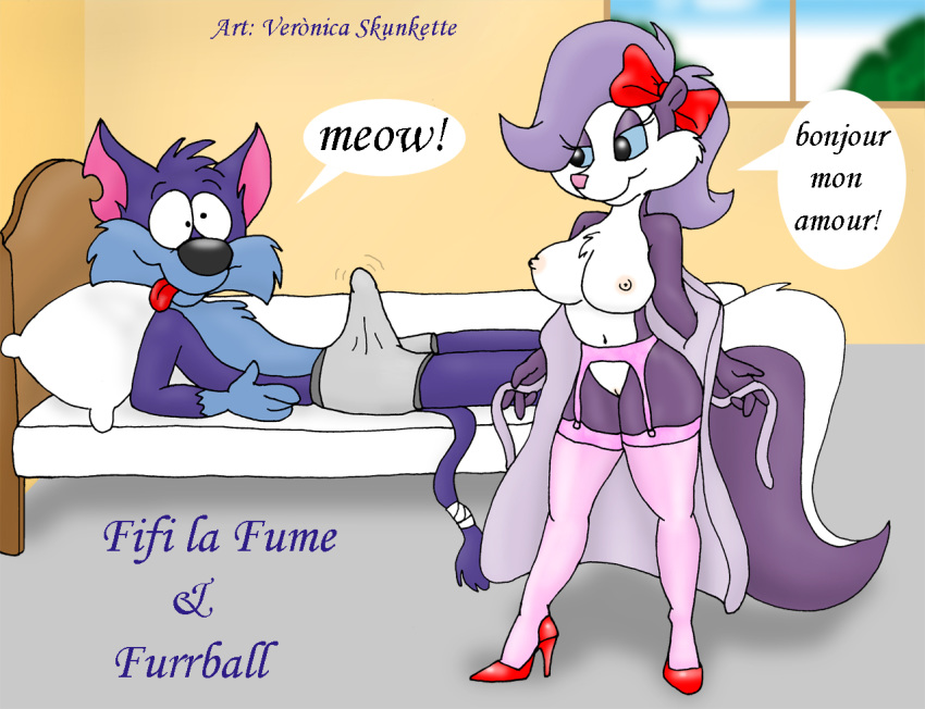 anthro breasts cat female fifi_la_fume furrball high_heels indoors lying male on_back purple_fur skunk standing tagme tenting tiny_toon_adventures toony topless veronicaskunkette