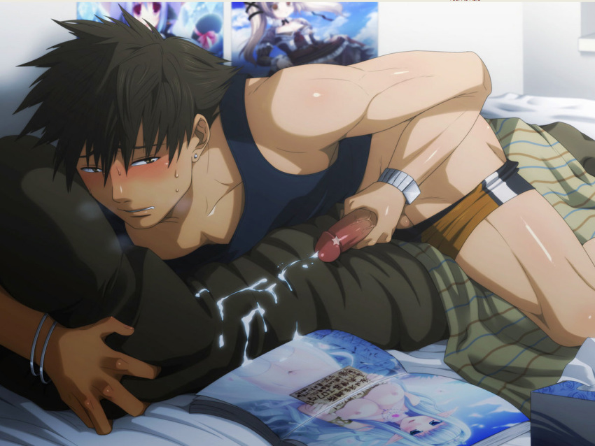 bara blush brown_eyes brown_hair censored cum ejaculation erection izumi_nekotsuki kinokotei male male_masturbation male_only masturbation muscle muscles penis pointless_censoring solo_male sweat underwear_down