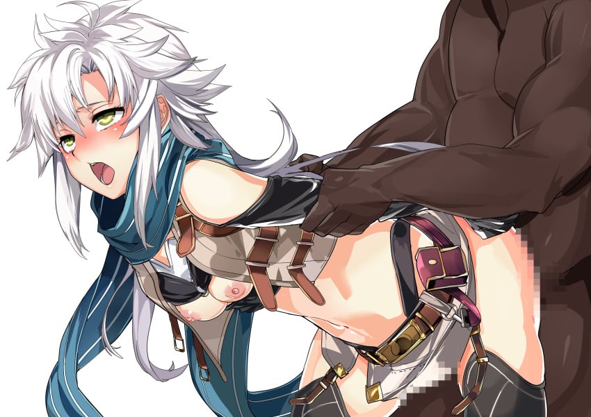 1boy 1girls bent_over blush breasts censored clothed_female_nude_male dark-skinned_male dark_skin eiyuu_densetsu exposed_breasts exposed_nipples female fie_claussell grabbing grabbing_from_behind interracial long_hair mosaic_censoring nipples open_mouth rape scarf sen_no_kiseki sex sex_from_behind short_skirt silver_hair skirt torannpo trails_of_cold_steel white_hair