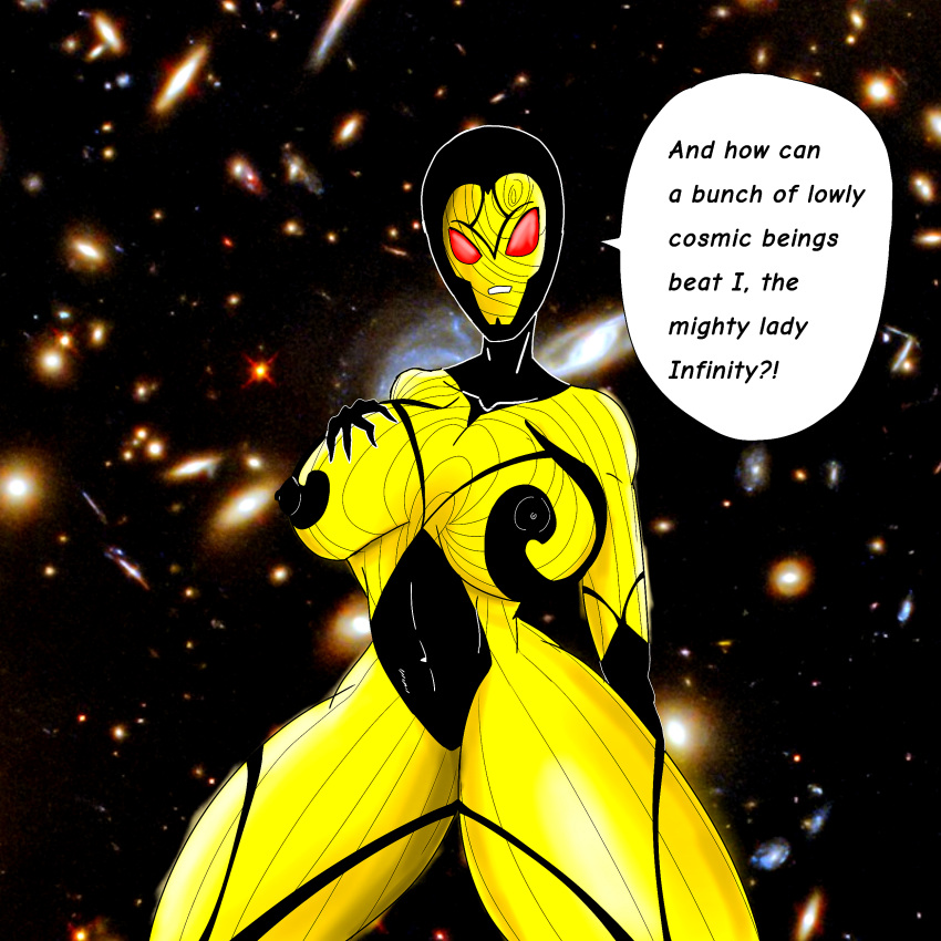 1girls big_breasts black_clothing cosmic_background depthdoors infinity_(marvel) marvel marvel_comics red_eyes striped_body thick_thighs yellow_body