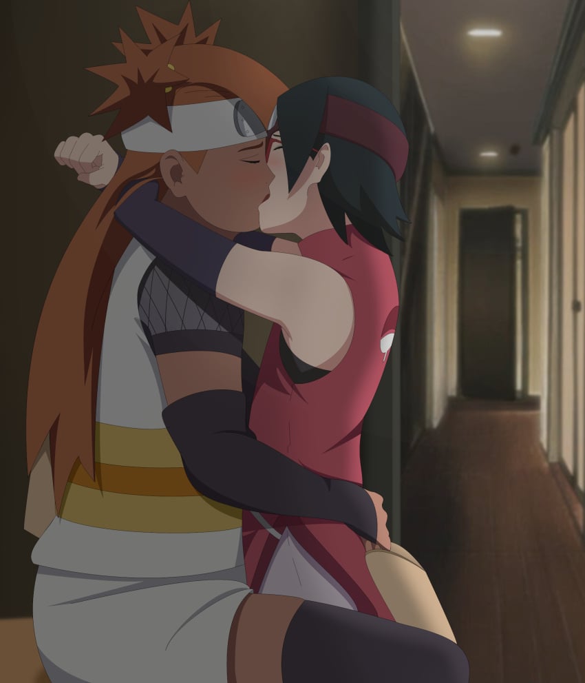 2girls akimichi_chouchou arms_around_neck bag best_friends bff black_hair boruto:_naruto_next_generations chocolate_and_vanilla chubby chubby_female closed_eyes dark-skinned_female dark_skin female/female glasses hallway holding_object indoors interracial interracial_yuri kissing larger_female light-skinned_female light_skin lipstick long_hair makeup making_out multiple_girls naruto naruto_(series) optimystic orange_hair petite sarada_uchiha size_difference smaller_female very_long_hair voluptuous yuri