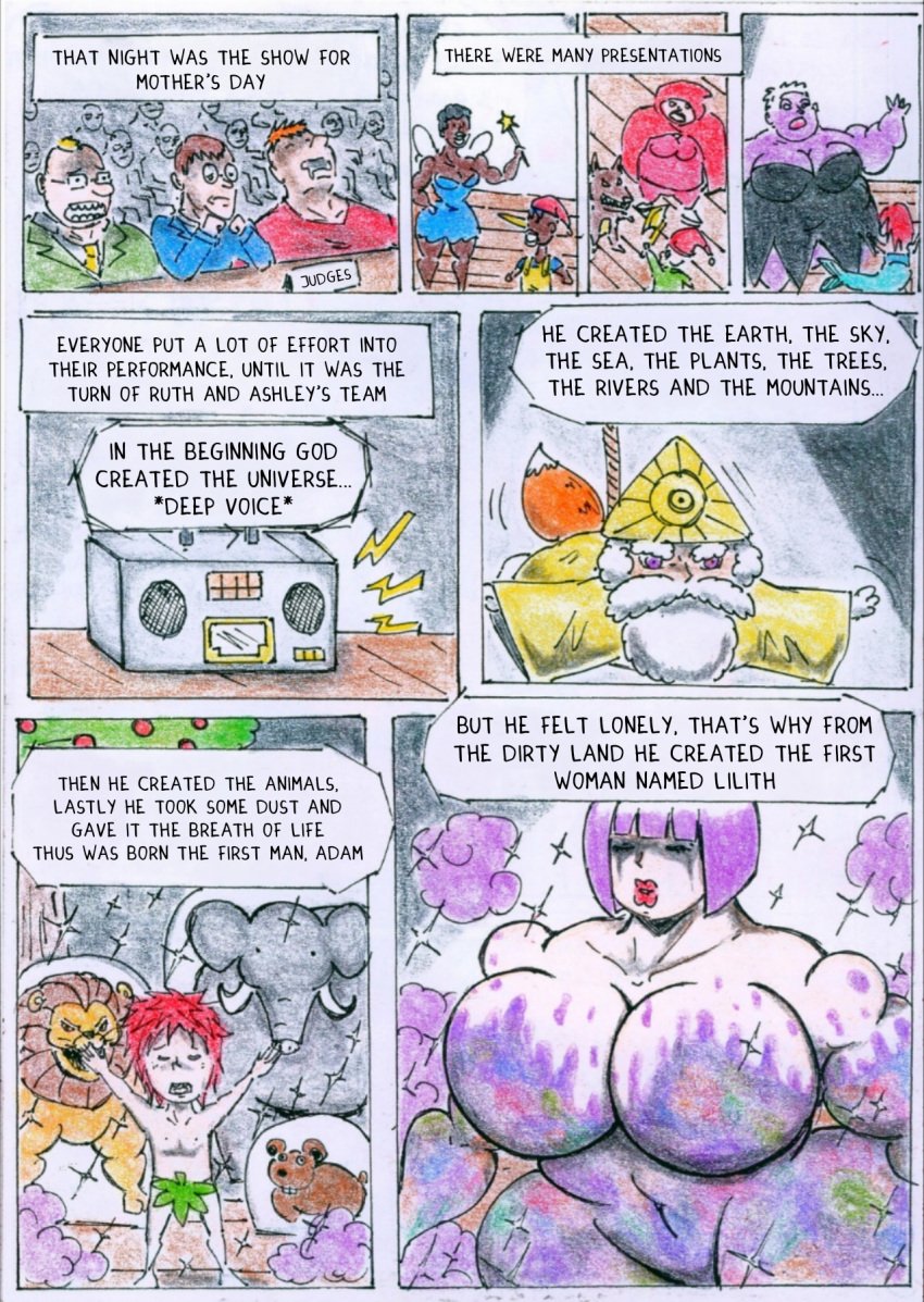 adam_and_eve bbw bible biblical big_breasts big_hips bodypaint comic comic_page dialogue english english_dialogue english_text english_translation huge_breasts huge_thighs hyper_breasts milf mom_and_son mother mother_and_child mother_and_son mundoparaiso2 pijamadraw porno_en_pijama public_exposure ruth_pauline_freeland straight_hair thick_thighs traditional_media_(artwork) translated