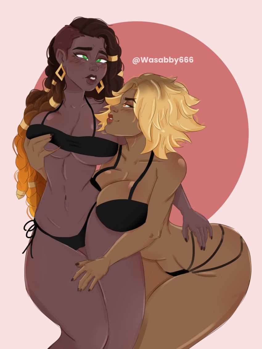 2girls big_ass big_breasts blonde_hair dark-skinned_female dark_skin dreadlocks female_only green_eyes high_noon_senna high_noon_series league_of_legends orange_eyes rell_(league_of_legends) riot_games senna_(league_of_legends) wasabby666 yuri