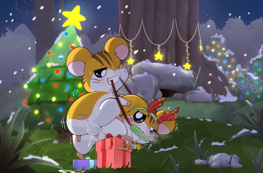 absurd_res ass balls blush bondage bound christmas cricetid duo female female_penetrated feral genitals hamster hamtaro_(series) hi_res holidays male male/female male_penetrating male_penetrating_female mammal one_eye_closed penetration penile penile_penetration penis_in_pussy rodent sandy_(hamtaro) sex stan_(hamtaro) thewizardstick vaginal_penetration white_body yellow_body