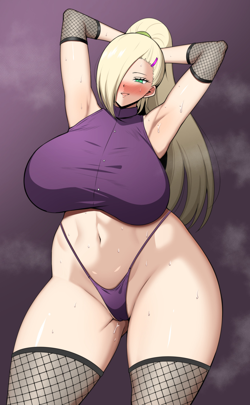 1girls big_breasts boruto:_naruto_next_generations bottomless breasts crop_top female female_focus hair_over_one_eye highleg highleg_panties hourglass_figure huge_breasts ino_yamanaka long_hair mature mature_female milf naruto naruto_(series) panties plump ponytail sweat sweatdrop tanaken tied_hair voluptuous