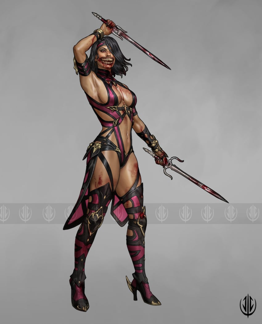 1girls arm_raised artist_signature big_breasts big_thighs bikini_armor black_hair breasts character_sheet clothed edenian female female_only heels hi_res high_heels jaeon john_dimayuga looking_at_viewer midriff mileena mortal_kombat mortal_kombat:_deception purple_clothing redesign sai_(weapon) sharp_teeth short_hair sideboob skimpy skindentation solo solo_female tarkatan thighs toned toned_body toned_female watermark weapon weapons