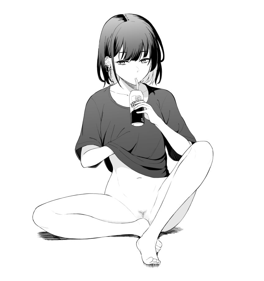 absurdres bangs barefoot black_hair bottomless can chains clothes_lift cross cross_earrings drinking drinking_straw drinking_straw_in_mouth ear_piercing earrings feet female female_admiral_(kantai_collection) female_pubic_hair full_body greyscale hand_under_clothes hand_under_shirt hand_up highres holding holding_can jewelry kantai_collection legs lifted_by_self looking_at_viewer monochrome mouth_hold naked_shirt navel original piercing pubic_hair pussy shirt shirt_lift short_hair short_sleeves simple_background sitting sparse_pubic_hair strong_zero t-shirt takaman_(gaffe) toes