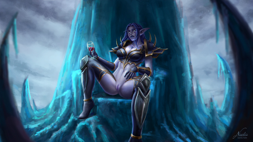 2d armor blue_hair death_knight death_knight_(warcraft) elf elf_ears female female_only glowing_eyes ice melwinne naelia_hale necklace necklace_between_breasts night_elf night_elf_death_knight pointy_ears solo_female throne wine wine_glass world_of_warcraft