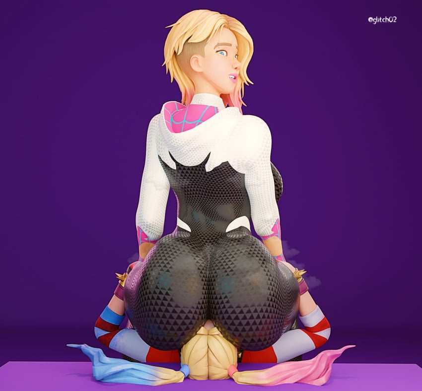 2girls 3d batman_(series) blender blonde_hair blue_eyes colored_hair crossover dc dc_comics eyebrow_piercing facesitting fat_ass female female_only fortnite fortnite:_battle_royale glitch02 gwen_stacy harley_quinn harley_quinn_(fortnite) marvel marvel_comics musk musky pawg purple_background smelly_ass spider-gwen spider-gwen_(fortnite) spider-gwen_(spider-verse) spider-man:_into_the_spider-verse spider-man_(series) suicide_squad suicide_squad_(2016) yuri