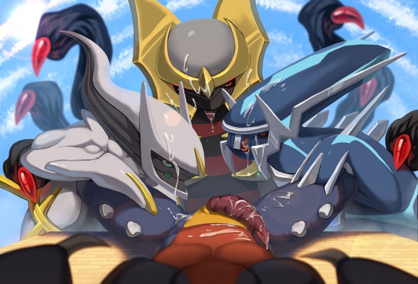 ambiguous_gender anthro anthro_on_feral anthro_pov arceus black_sclera blue_body bodily_fluids cum cum_in_mouth cum_inside cum_on_face cum_on_own_belly day dialga dialogue erection feral first_person_view gangbang garchomp generation_4_pokemon genital_fluids genitals giratina green_sclera group group_sex hi_res legendary_pokemon licking licking_lips looking_at_viewer lying male male/ambiguous male_pov miramint nintendo on_back origin_forme_giratina penis pokemon pokemon_(species) red_eyes reverse_gangbang scalie sex shaded sky spikes tongue tongue_out zoophilia