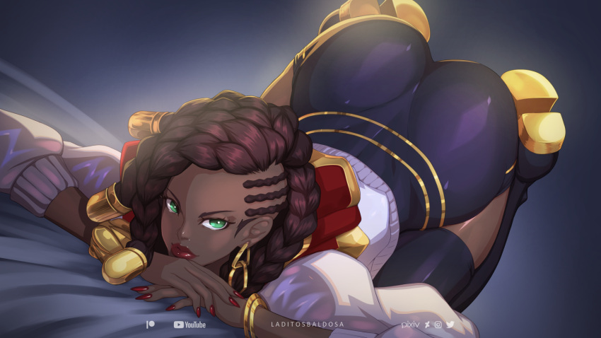 1girl 1girls ass ass_up big_ass dark-skinned_female dark_skin dreadlocks earrings face_down_ass_up female_only green_eyes laditosbaldosa league_of_legends lipstick red_fingernails red_nails riot_games senna_(league_of_legends) undercut undercut_dreads