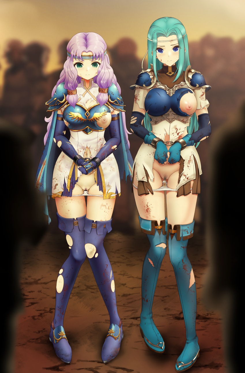 2girls angry aqua_hair ass_visible_through_thighs blood blue_eyes blue_hair bondage boots breasts cape crying crying_with_eyes_open defeated dress elbow_gloves exposed_breasts exposed_pussy female_pubic_hair femsub fingerless_gloves fiora_(fire_emblem) fire_emblem fire_emblem:_the_blazing_blade florina_(fire_emblem) frown gloves green_eyes high_heels humiliation large_breasts long_hair looking_at_viewer medium_breasts multiple_girls multiple_subs nintendo nipples panties panties_down pubic_hair public public_nudity purple_hair sakurein sisters spoils_of_war thigh_boots thighs torn_clothes underwear walk_of_shame white_panties