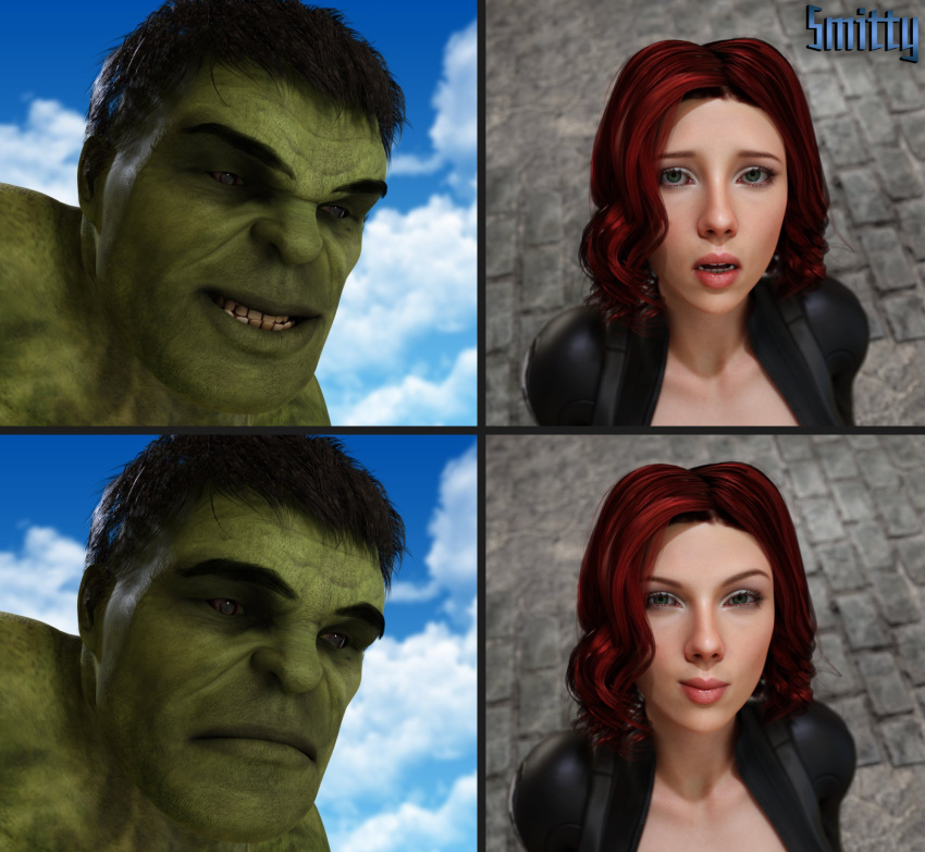 1boy 1boy1girl 1girls 3d avengers black_widow_(marvel) bodysuit cleavage curvy dark_hair female fit fit_female green-skinned_male green_body green_skin horny_female hulk hulk_(series) hulk_meme human light-skinned_female light_skin lips male male/female marvel marvel_cinematic_universe meme natasha_romanoff red_hair s.h.i.e.l.d. scarlett_johansson smitty34 straight superhero superheroine thick unzipped unzipped_bodysuit upper_body voluptuous