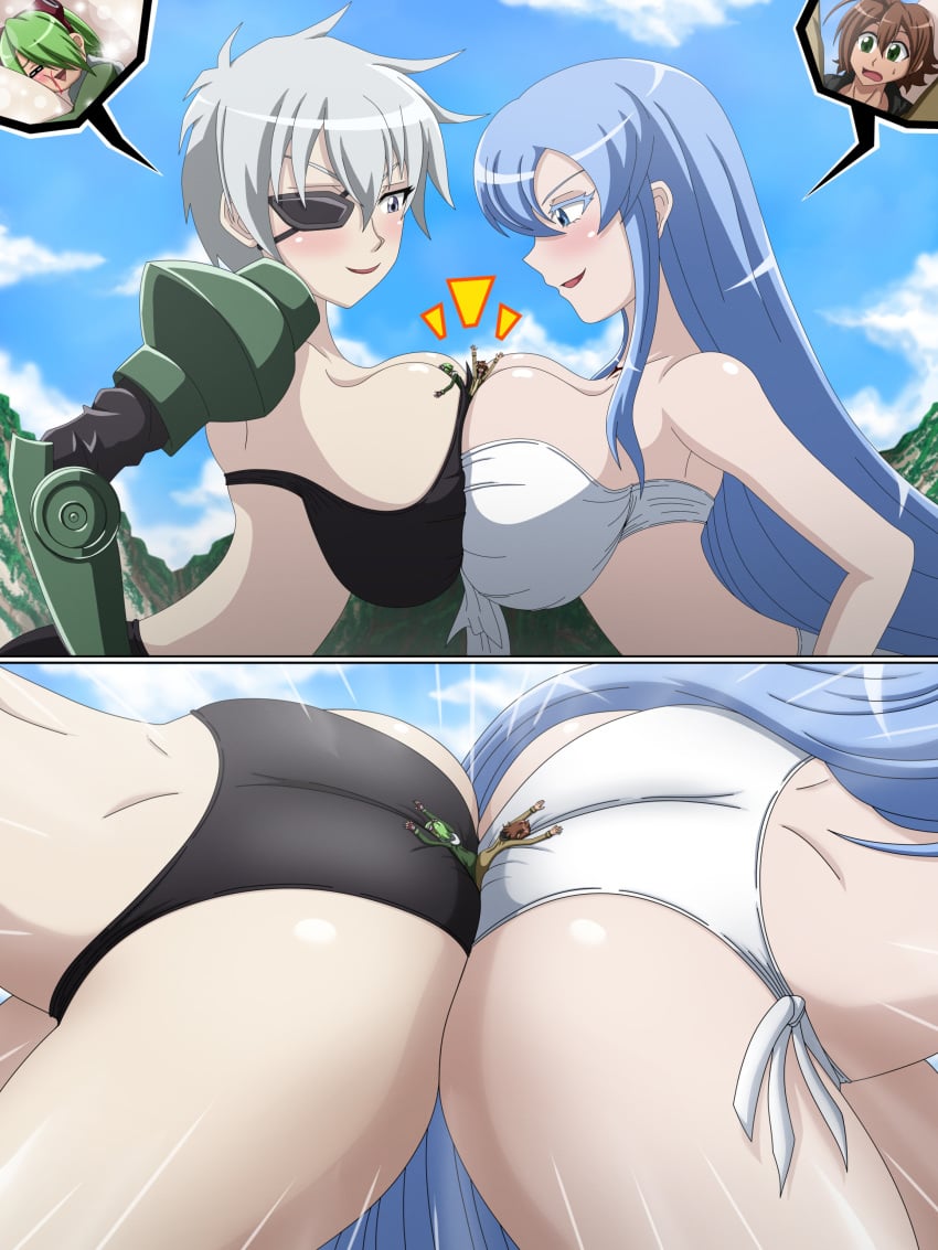 2boys 2girls akame_ga_kill! artist_request ass ass_to_ass beach big_breasts bikini bikini_bottom bikini_top blood blue_eyes blue_hair blush blush_lines breast_squeeze breast_to_breast breasts brown_eyes brown_hair butt_crush butt_to_butt closed_eyes cloud clouds esdeath_(akame_ga_kill!) eyepatch femdom giant giant_ass giant_breasts giantess goggles goggles_on_head green_hair hair_between_eyes huge_ass huge_butt large_ass light-skinned_female light-skinned_male light_skin looking_at_another looking_at_partner lubbock_(akame_ga_kill!) multiple_boys multiple_girls najenda_(akame_ga_kill!) open_mouth oppai pale-skinned_female pale_skin prosthetic prosthetic_arm prosthetic_limb purple_eyes shiny shiny_skin short_hair silver_hair sky smirk smirking smug smug_expression smug_face smug_smile tatsumi_(akame_ga_kill!) tits tomboy