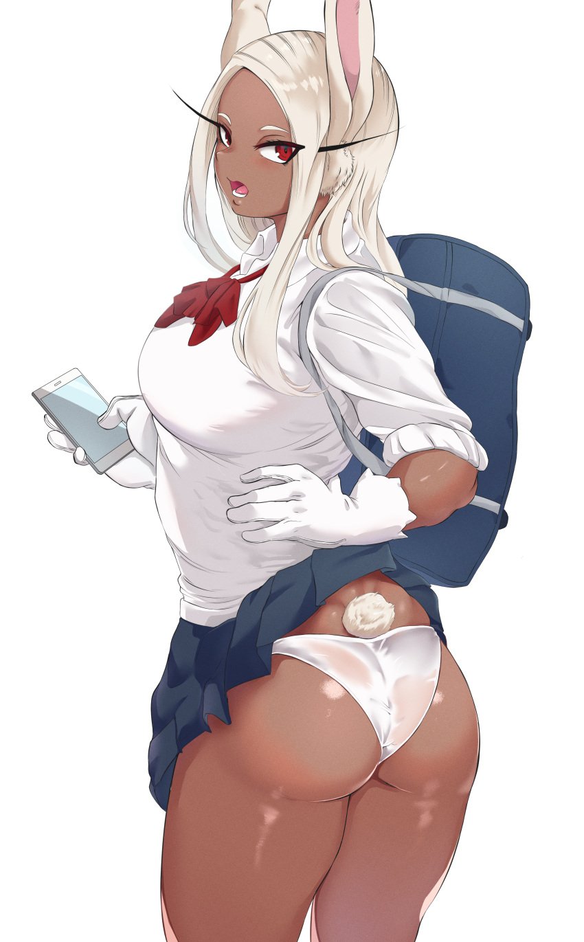 1girls absurdres animal_ears ass bag bangs blue_skirt bow bowtie breasts dark-skinned_female dark_skin female gloves hand_on_hip highres holding holding_phone long_eyelashes long_hair looking_at_viewer loose_bowtie medium_breasts miruko my_hero_academia omanju open_mouth panties parted_bangs phone pleated_skirt rabbit_ears rabbit_girl rabbit_tail red_bow red_bowtie red_eyes rumi_usagiyama school_uniform shiny_skin shirt shoulder_bag skirt skirt_caught_on_bag skirt_caught_on_object sleeves_rolled_up solo tail thighs twisted_torso underwear white_background white_gloves white_hair white_panties white_shirt