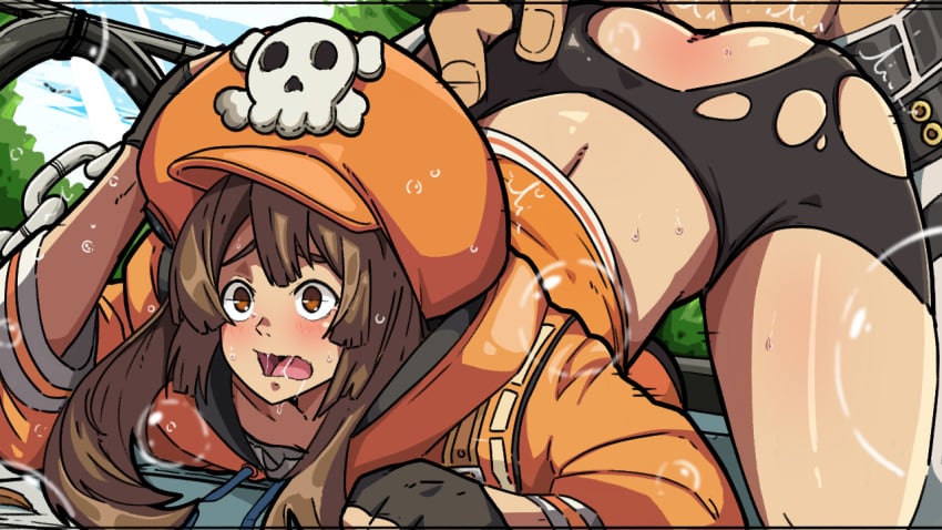 1boy 1boy1girl 1girls ambiguous_penetration bike_shorts blush brown_eyes brown_hair curvy doggy_style edit female from_behind_position guilty_gear guilty_gear_strive hair hat hoodie long_hair mark_gavatino may_(guilty_gear) open_mouth orange_clothing penetration pirate_hat ripped_clothing sex shorts sol_badguy straight textless thick_thighs