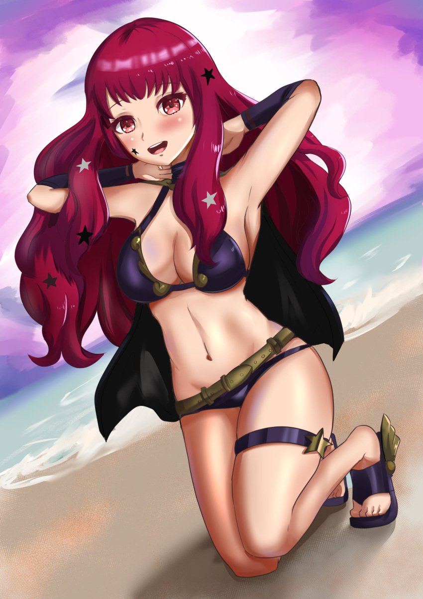 alternate_costume bikini breasts female female_only fire_emblem fire_emblem_engage looking_at_viewer nintendo open_mouth outdoors purple_bikini purple_swimsuit solo swimsuit yunaka_(fire_emblem) zipperqr