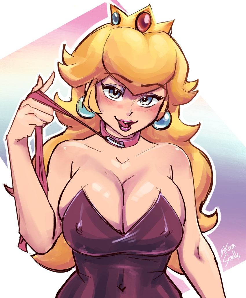 1girls akirascrolls artist_name big_breasts blonde_hair blue_eyes breasts busty cleavage collarbone covered_navel female female_only highres large_breasts lipstick long_hair looking_at_viewer makeup mario_(series) naughty_face nintendo open_mouth pink_lips princess princess_peach smile tongue