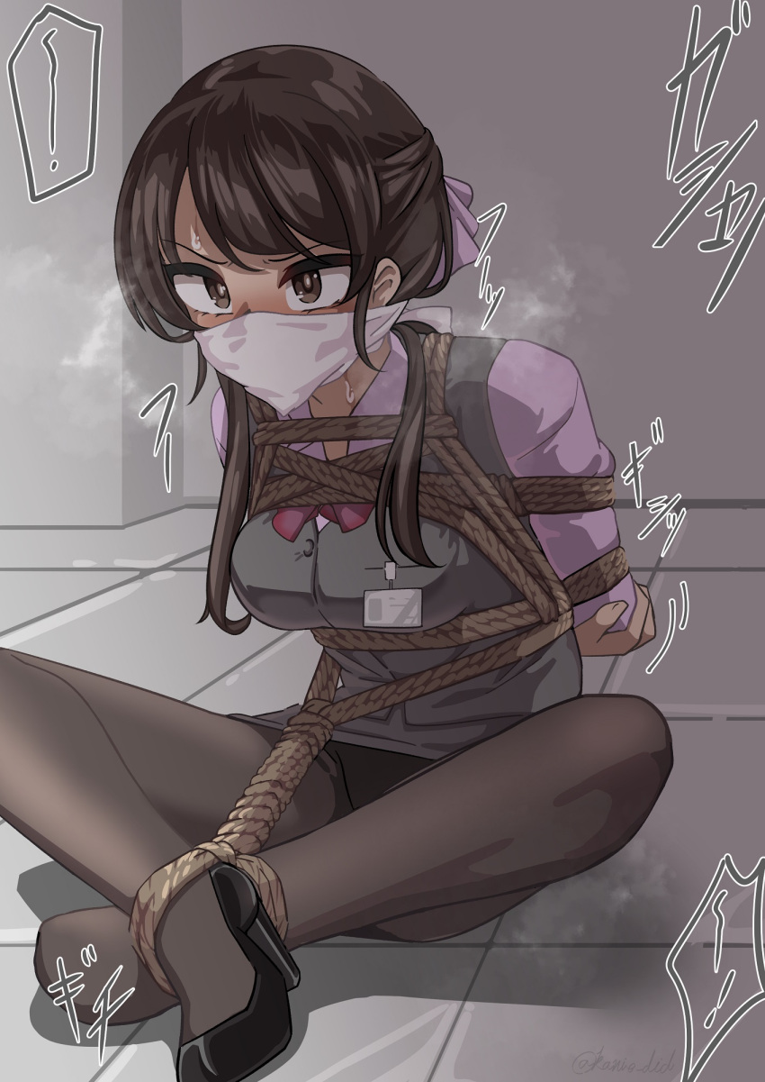 1girl 1girls arms_behind_back big_breasts black_high_heels blush bondage bound brown_eyes brown_hair gag gagged head_ribbon high_heels id_card kanie_did long_hair office_lady on_floor original original_character over_the_nose_gag pencil_skirt purple_ribbon ribbon rope rope_bondage shibari_over_clothes sitting sitting_on_floor skirt sweat