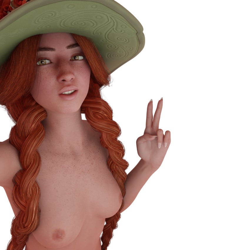 1girls 3d blender blender_(software) blendrosebrace breasts cute freckles green_eyes harry_potter hat hogwarts_legacy mirabel_garlick nude peace_sign red_hair render small_breasts solo solo_female solo_focus white_background witch witch_hat