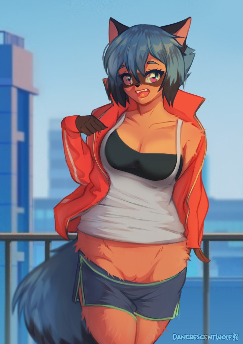 anthro blue_body blue_fur blue_hair bottomwear bra brand_new_animal breasts brown_body brown_fur building canid canine city cleavage clothed clothing crescent0100 day facial_markings fangs female fur furry furry_only genitals hair head_markings hi_res jacket looking_at_viewer mammal markings mask_(marking) michiru_kagemori open_clothing open_jacket open_mouth open_topwear outside partially_clothed pussy raccoon_dog shirt shorts shorts_down sky skyscraper solo studio_trigger tail tank_top tanuki teeth topwear underwear