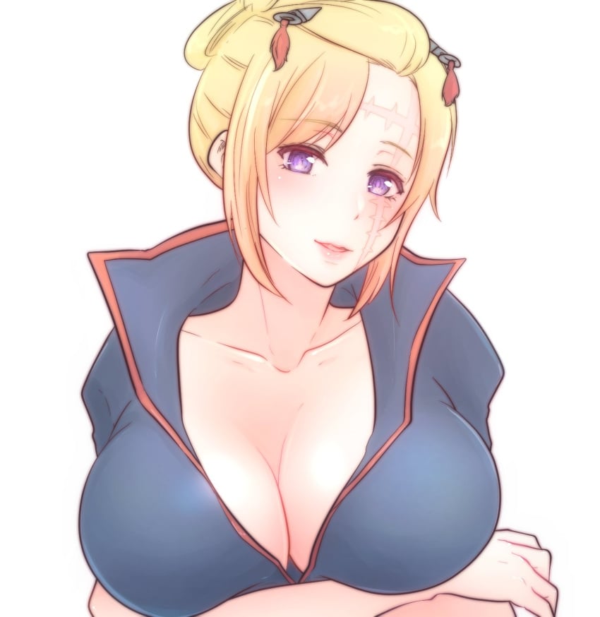 arm_under_breasts arms_crossed_under_breasts big_breasts blonde_hair cleavage crossed_arms facial_scar female female_only gintama hair_ornament kunai looking_at_viewer no_bra paleatus parted_lips popped_collar purple_eyes smile solo tied_hair tsukuyo upper_body wearing_others_clothes