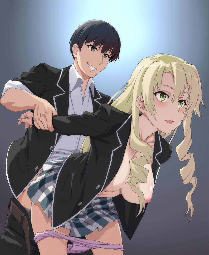 1boy arm_grab belt bent_over black_belt black_hair black_jacket black_pants blazer blonde_hair blue_skirt breasts character_request clothed_sex clothes_pull collared_shirt drill_hair female green_eyes grin hair_between_eyes highres jacket long_hair long_sleeves medium_breasts miniskirt miura_yumiko my_teen_romantic_comedy_snafu nahoyoshi nipples no_bra open_clothes open_jacket open_mouth paid_reward_available panties pants pants_pull panty_pull pink_panties pleated_skirt school_uniform shirt skirt sleeves_rolled_up smile sobu_high_school_uniform standing straight underwear white_shirt